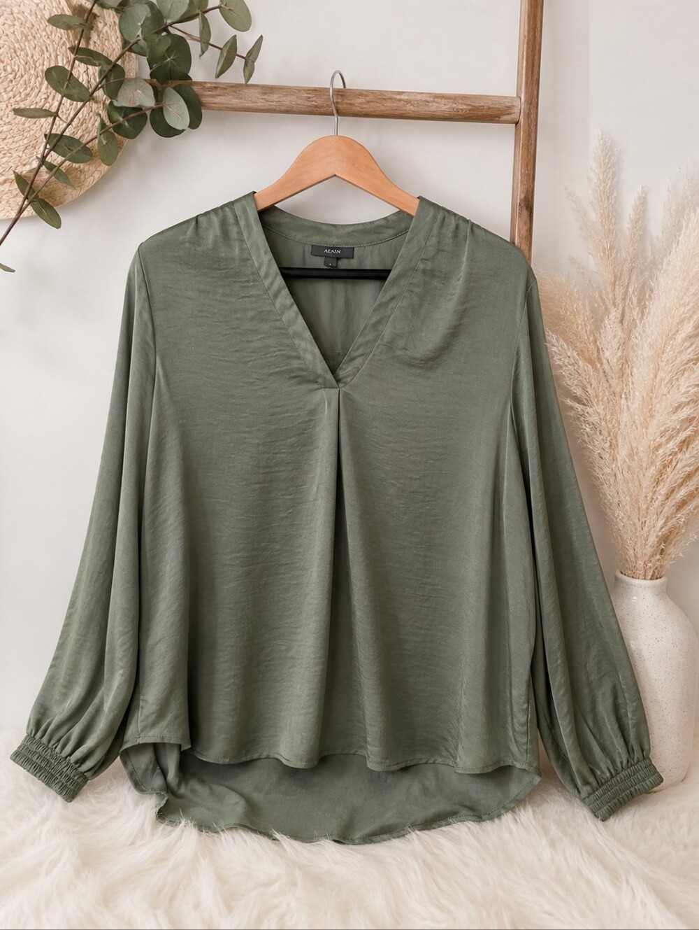 Alfani XL Olive Green Satin Look V-Neck Long Sleeve Blouse